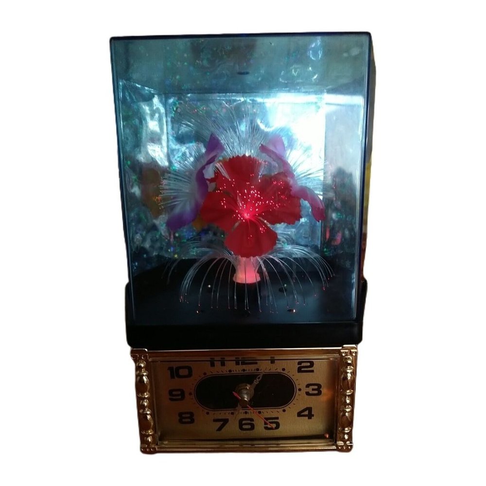 Quartz Fibro Optic Clock With Flowers Color Changing Rotating 11"X8"X6" *READ*
